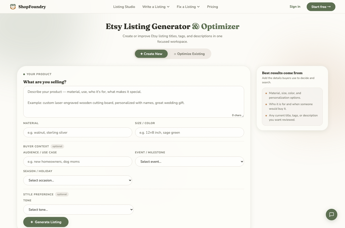 Listing generator — product in, publish-ready listing out